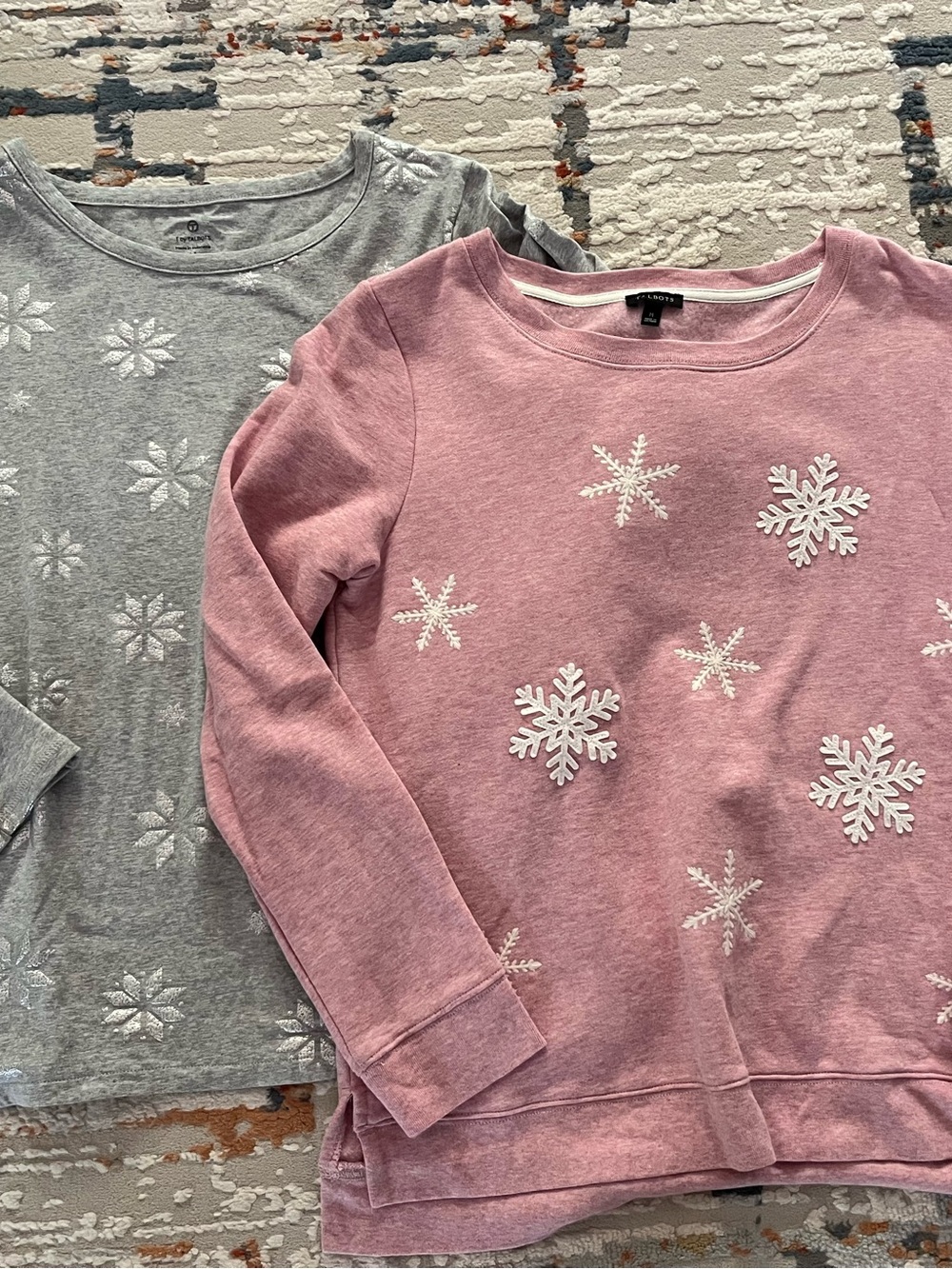 Mediums:Talbots Pink Snowflake Pullover Sweatshirt and Grey Snowflake longsleeve